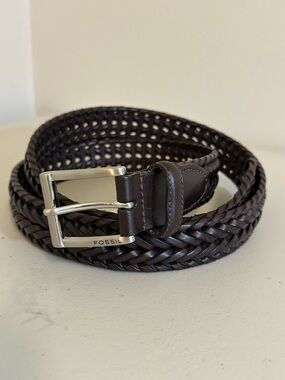 Fossil Braided Leather Belt in Dark Brown Silver Buckle Men’s size 38 (95 cm)